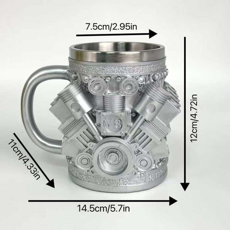 Engine-Themed Coffee Mug, a Retro-Styled, Realistic V8 Engine Stainless Steel Mug, a Personalized Double-Walled Insulated Car Mug with a Handle, the Perfect Gift for Father'S Day, Christmas, Husbands, Mechanics, and Car Enthusiasts.