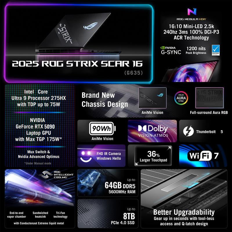 ASUS ROG Strix SCAR 16 Gaming Laptop, 16" WQXGA 2560*1600 240Hz, Intel Core Ultra 9 275HX, NVIDIA Geforce RTX 5090, DDR5 RAM, SSD, Wi-Fi 7, Black
