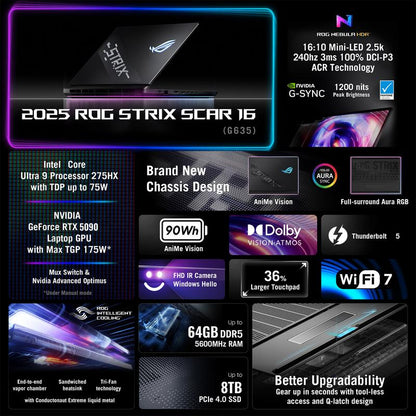 ASUS ROG Strix SCAR 16 Gaming Laptop, 16" WQXGA 2560*1600 240Hz, Intel Core Ultra 9 275HX, NVIDIA Geforce RTX 5090, DDR5 RAM, SSD, Wi-Fi 7, Black